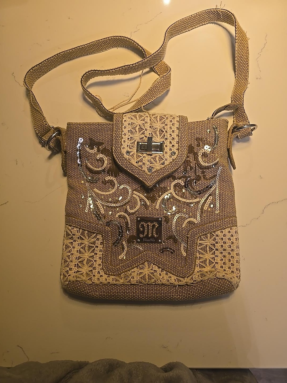 Embroidered Beige Crossbody Bag with Sequin Detail
